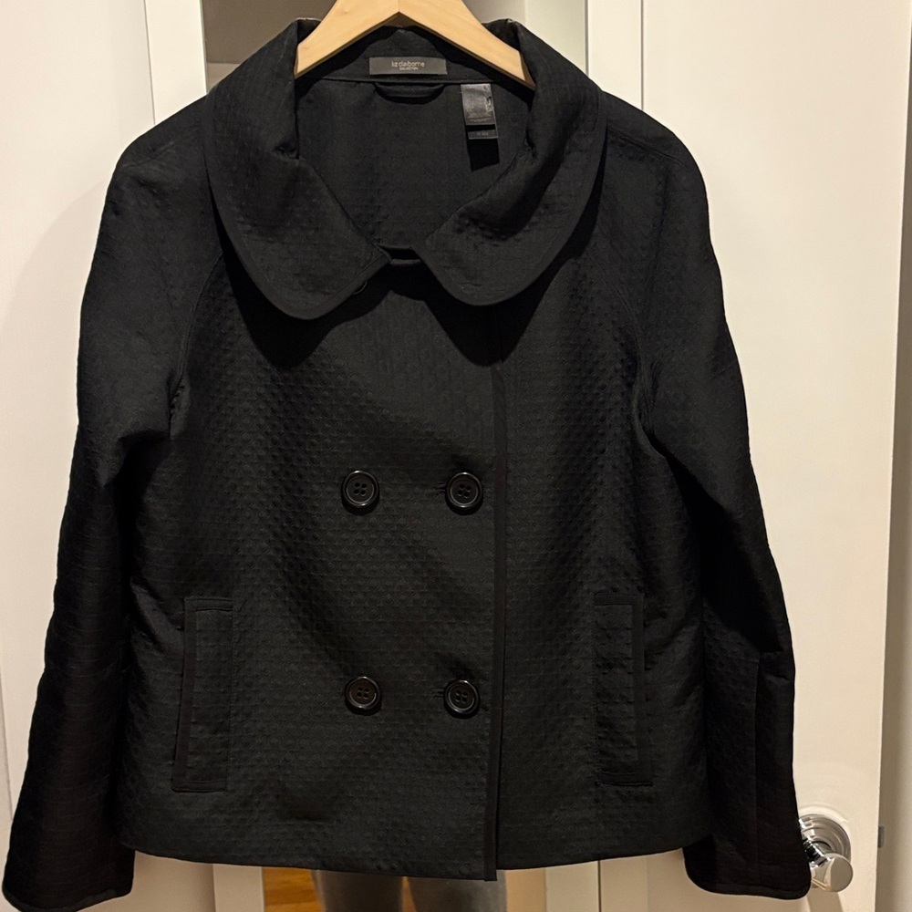 Liz Claiborne Black Double-Breasted Pea Coat, light weight. Perfect for Spring